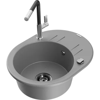 Granitový dřez Mexen Kevin granitový dřez 1-komorový s odkapávačem a kuchyňskou baterií Flora, šedý - 6517-71-670401-07-B Granitové dřezy s baterií