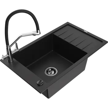 Mexen Elias granitový dřez 1-komorový s odkapávačem a kuchyňskou baterií Duo, černý - 6511-77-671701-07-B Granitové dřezy s baterií