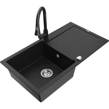 Granitový dřez Mexen Leo 1-komorový žulový dřez s odkapávačem a kuchyňskou baterií Elia, černý - 6501-77-670101-70 Granitové dřezy s baterií