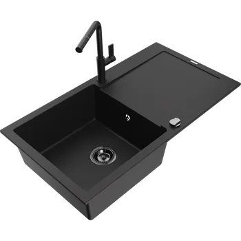 Granitový dřez Mexen Leo granitový dřez s 1 komorou a odkapávačem a kuchyňskou baterií Flora, černý - 6501-77-670401-70-B Granitové dřezy s baterií