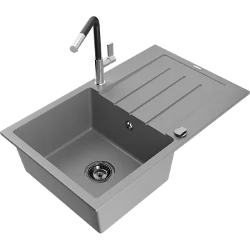 Granitový dřez Mexen Bruno granitový dřez 1-komorový s odkapávačem a kuchyňskou baterií Flora, šedý - 6513-71-670401-07-B Granitové dřezy s baterií