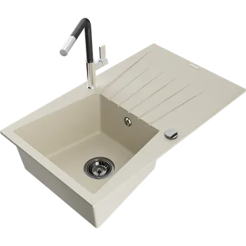 Granitový dřez Mexen Cesar granitový dřez 1-komorový s odkapávačem a kuchyňskou baterií Flora, béžový - 6514-69-670401-07-B Granitové dřezy s baterií
