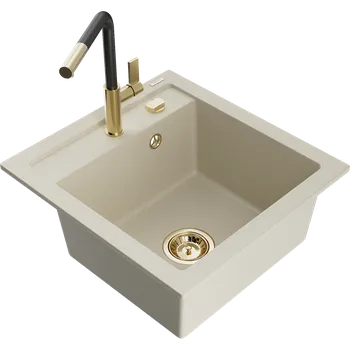 Granitový dřez Mexen Vito granitový dřez 1-komorový s kuchyňskou baterií Flora, béžový - 6503-69-670401-57-G Granitové dřezy s baterií