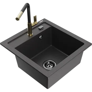 Granitový dřez Mexen Vito granitový dřez s jednou komorou a kuchyňskou baterií Flora, černý s tečkami - 6503-76-670401-57-B Granitové dřezy s baterií