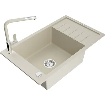 Granitový dřez Mexen Elias granitový dřez s 1 komorou a odkapávačem a kuchyňskou baterií Flora, béžový - 6511-69-670401-09 Granitové dřezy s baterií