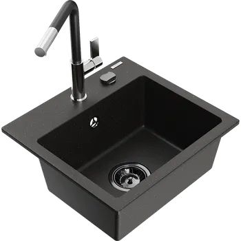Granitový dřez Mexen Milo žulový dřez 1-komorový s kuchyňskou baterií Flora, černý/zlatý metalický - 6505-75-670401-07-B Granitové dřezy s baterií