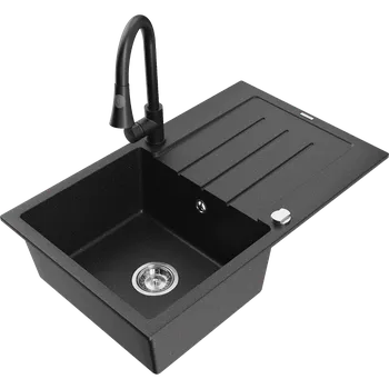 Granitový dřez Mexen Bruno granitový dřez 1-komorový s odkapávačem a kuchyňskou baterií Elia, černý/stříbrný metalik - 6513-73-670101-70 Granitové dřezy s baterií