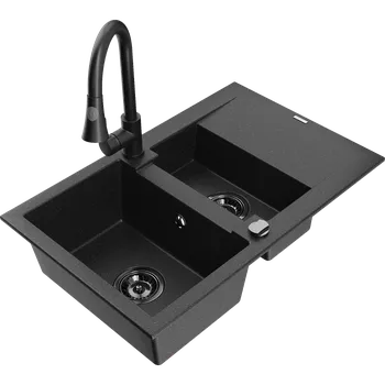 Granitový dřez Mexen Gaspar granitový dřez 1,5-komorový s odkapávačem a kuchyňskou baterií Elia, černý/stříbrný - 6507-73-670101-70-B Granitové dřezy s baterií