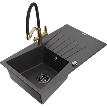 Granitový dřez Mexen Cesar granitový dřez s 1 komorou a odkapávačem a kuchyňskou baterií Duo, černý tečkovaný - 6514-76-671701-57-B Granitové dřezy s baterií