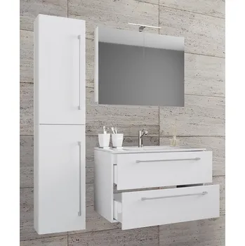 Koupelnový nábytek Vcm 4dílná umyvadlová skříňka Badinos 2 zásuvky 60 cm zrcadlová skříňka + vysoká skříňka, bílá