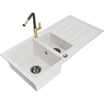 Granitový dřez Mexen Andres granitový dřez 1,5-komorový s odkapávačem a kuchyňskou baterií Flora, bílý - 6515-20-670401-57-B Granitové dřezy s baterií