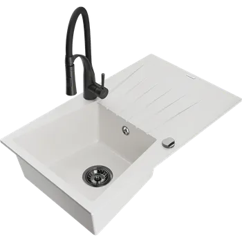 Granitový dřez Mexen Cesar granitový dřez 1-komorový s odkapávačem a kuchyňskou baterií Aster, bílý - 6514-20-73450-70-B Granitové dřezy s baterií