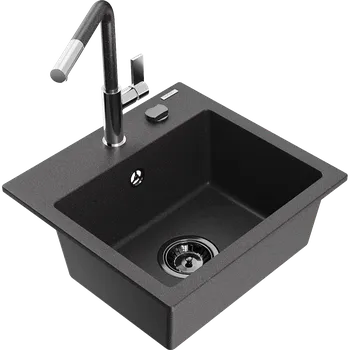 Granitový dřez Mexen Milo granitový kuchyňský dřez 1-komorový s kuchyňskou baterií Flora, černý se skvrnami - 6505-76-670401-08-B Granitové dřezy s baterií