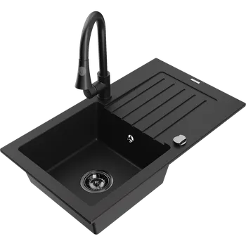 Granitový dřez Mexen Pablo granitový dřez s odkapávačem a kuchyňskou baterií Elia, černý - 6510-77-670101-70-B Granitové dřezy s baterií