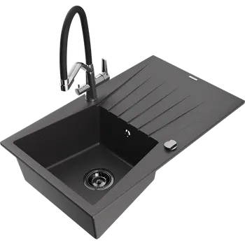 Granitový dřez Mexen Cesar žulový jednodřez s odkapávačem a kuchyňskou baterií Duo, černý s tečkami - 6514-76-671701-07-B Granitové dřezy s baterií