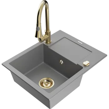 Granitový dřez Mexen Enzo granitový dřez 1-komorový s odkapávačem a kuchyňskou baterií Elia, šedý - 6506-71-670101-50 Granitové dřezy s baterií
