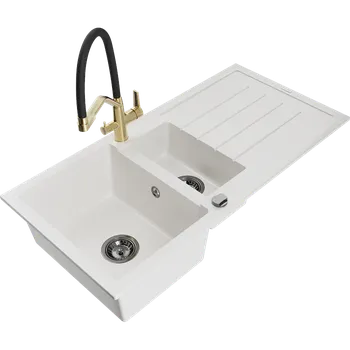 Granitový dřez Mexen Andres granitový dřez 1,5-komorový s odkapávačem a kuchyňskou baterií Duo, bílý - 6515-20-671701-57-B Granitové dřezy s baterií