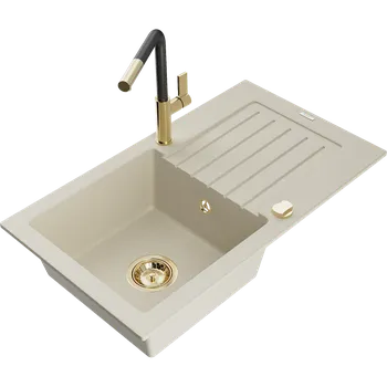 Granitový dřez Mexen Pablo granitový dřez 1-komorový s odkapávačem a kuchyňskou baterií Flora, béžový - 6510-69-670401-57-G Granitové dřezy s baterií