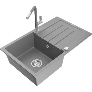 Granitový dřez Mexen Bruno granitový dřez s 1 komorou a odkapem a kuchyňskou baterií Flora, šedý - 6513-71-670401-06 Granitové dřezy s baterií