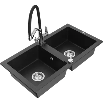 Granitový dřez Mexen Mario granitový dřez dvoukomorový s kuchyňskou baterií Duo, černý/stříbrný metalik - 6504-73-671701-07 Granitové dřezy s baterií