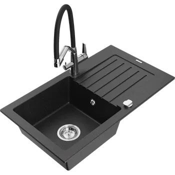 Granitový dřez Mexen Pablo granitový dřez 1-komorový s odkapávačem a kuchyňskou baterií Duo, černý/stříbrný metalický - 6510-73-671701-07 Granitové dřezy s baterií
