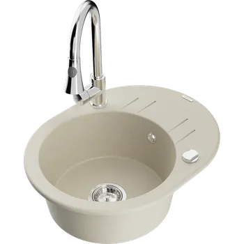 Granitový dřez Mexen Kevin granitový dřez 1-komorový s odkapávačem a kuchyňskou baterií Elia, béžový - 6517-69-670101-00 Granitové dřezy s baterií