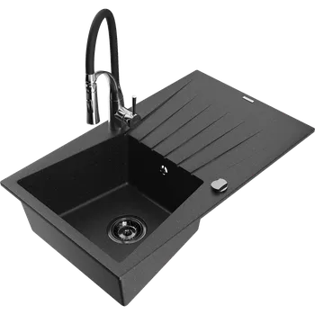 Granitový dřez Mexen Cesar granitový dřez s odkapávačem a kuchyňskou baterií Aster, černý/stříbrný metalik - 6514-73-73450-07-B Granitové dřezy s baterií