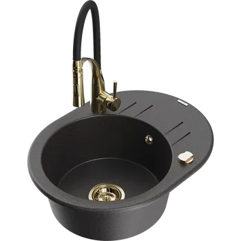 Granitový dřez Mexen Kevin žulový dřez s 1 komorou a odkapávačem a kuchyňskou baterií Aster, černý kropenatý - 6517-76-73450-57-G Granitové dřezy s baterií