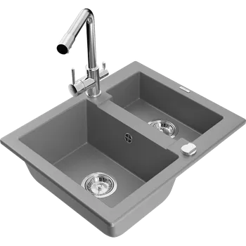 Granitový dřez Mexen Carlos granitový dřez 1,5-komorový s kuchyňskou baterií Duero, šedý - 6518-71-671600-00 Granitové dřezy s baterií