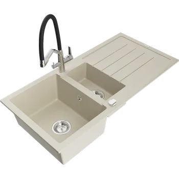 Granitový dřez Mexen Andres granitový dřez 1,5-komorový s odkapávačem a kuchyňskou baterií Duo, béžový - 6515-69-671701-07 Granitové dřezy s baterií