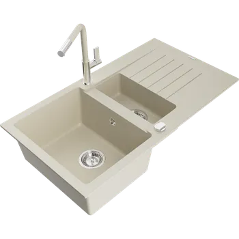 Granitový dřez Mexen Matias granitový dřez 1,5-komorový s odkapávačem a kuchyňskou baterií Flora, béžový - 6502-69-670401-09 Granitové dřezy s baterií