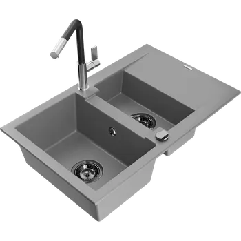 Granitový dřez Mexen Gaspar granitový dřez 1,5-komorový s odkapávačem a kuchyňskou baterií Flora, šedý - 6507-71-670401-07-B Granitové dřezy s baterií
