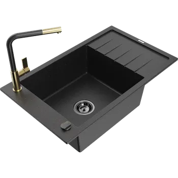 Granitový dřez Mexen Elias granitový dřez 1-komorový s odkapávačem a kuchyňskou baterií Flora, černý/stříbrný metalik - 6511-73-670401-57-B Granitové dřezy s baterií