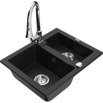 Granitový dřez Mexen Carlos granitový dřez 1,5-komorový s kuchyňskou baterií Elia, černý - 6518-77-670101-00 Granitové dřezy s baterií