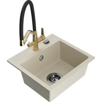 Granitový dřez Mexen Milo granitový dřez 1-komorový s kuchyňskou baterií Duo, béžový - 6505-69-671701-57-B Granitové dřezy s baterií