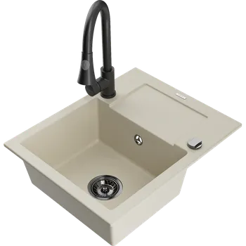 Granitový dřez Mexen Enzo granitový dřez 1-komorový s odkapávačem a kuchyňskou baterií Elia, béžový - 6506-69-670101-70 Granitové dřezy s baterií