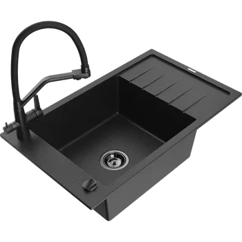 Granitový dřez Mexen Elias granitový dřez 1-komorový s odkapávačem a kuchyňskou baterií Duo, černý/stříbrný metalický - 6511-73-671701-70-B Granitové dřezy s baterií