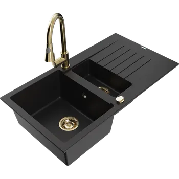 Granitový dřez Mexen Matias granitový dřez 1,5-komorový s odkapávačem a kuchyňskou baterií Elia, černý - 6502-77-670101-50 Granitové dřezy s baterií