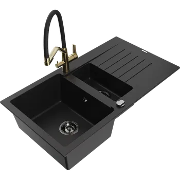 Granitový dřez Mexen Matias granitový dřez 1,5-komorový s odkapávačem a kuchyňskou baterií Duo, černý - 6502-77-671701-57-B Granitové dřezy s baterií