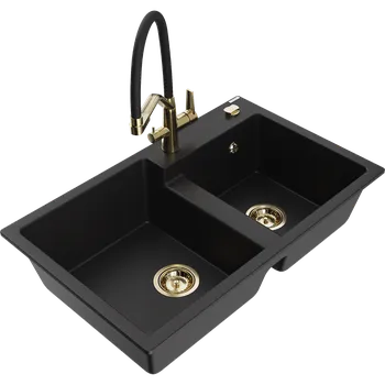 Granitový dřez Mexen Tomas dvoukomorový žulový dřez s kuchyňskou baterií Duo, černý - 6516-77-671701-57-G Granitové dřezy s baterií