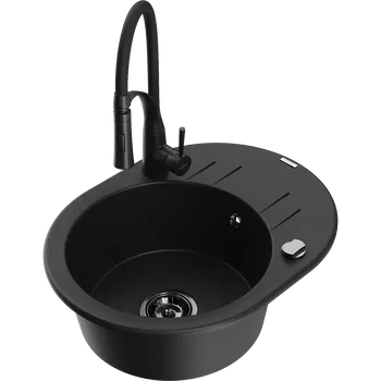 Granitový dřez Mexen Kevin granitový dřez 1-komorový s odkapávačem a kuchyňskou baterií Aster, černý - 6517-77-73450-70-B Granitové dřezy s baterií