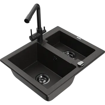 Granitový dřez Mexen Carlos žulový dřez 1,5-komorový s kuchyňskou baterií Duero, černý/zlatý metalík - 6518-75-671600-70-B Granitové dřezy s baterií