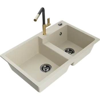 Granitový dřez Mexen Tomas žulový dřez s 2 komorami a kuchyňskou baterií Flora, béžový - 6516-69-670401-57-B Granitové dřezy s baterií