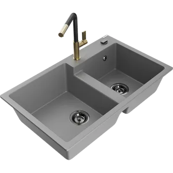 Granitový dřez Mexen Tomas granitový dřez 2-komorový s kuchyňskou baterií Flora, šedý - 6516-71-670401-57-B Granitové dřezy s baterií