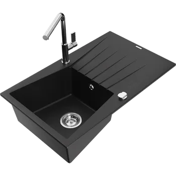Granitový dřez Mexen Cesar granitový dřez 1-komorový s odkapávačem a kuchyňská baterie Flora, černá - 6514-77-670401-00 Granitové dřezy s baterií