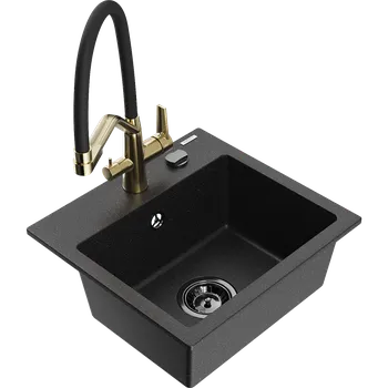 Granitový dřez Mexen Milo granitový dřez s 1 komorou a kuchyňskou baterií Duo, černý/stříbrný metalik - 6505-73-671701-57-B Granitové dřezy s baterií