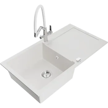 Granitový dřez Mexen Leo granitový dřez 1-komorový s odkapávačem a kuchyňskou baterií Duo, bílý - 6501-20-671701-02 Granitové dřezy s baterií