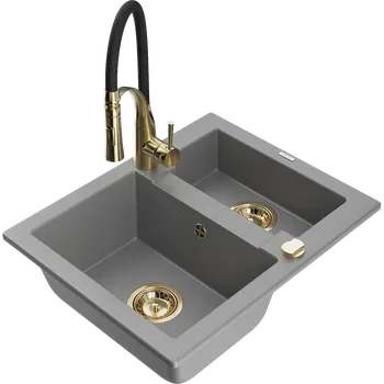 Granitový dřez Mexen Carlos granitový dřez s 1,5 komorami a kuchyňskou baterií Aster, šedý - 6518-71-73450-57-G Granitové dřezy s baterií