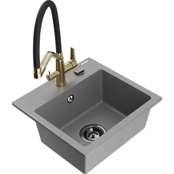 Granitový dřez Mexen Milo granitový dřez 1-komorový s kuchyňskou baterií Duo, šedý - 6505-71-671701-57-B Granitové dřezy s baterií