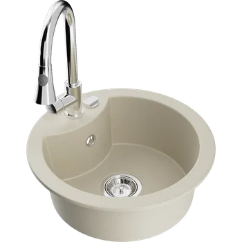 Granitový dřez Mexen Diego granitový dřez 1-komorový s kuchyňskou baterií Elia, béžový - 6512-69-670101-00 Granitové dřezy s baterií